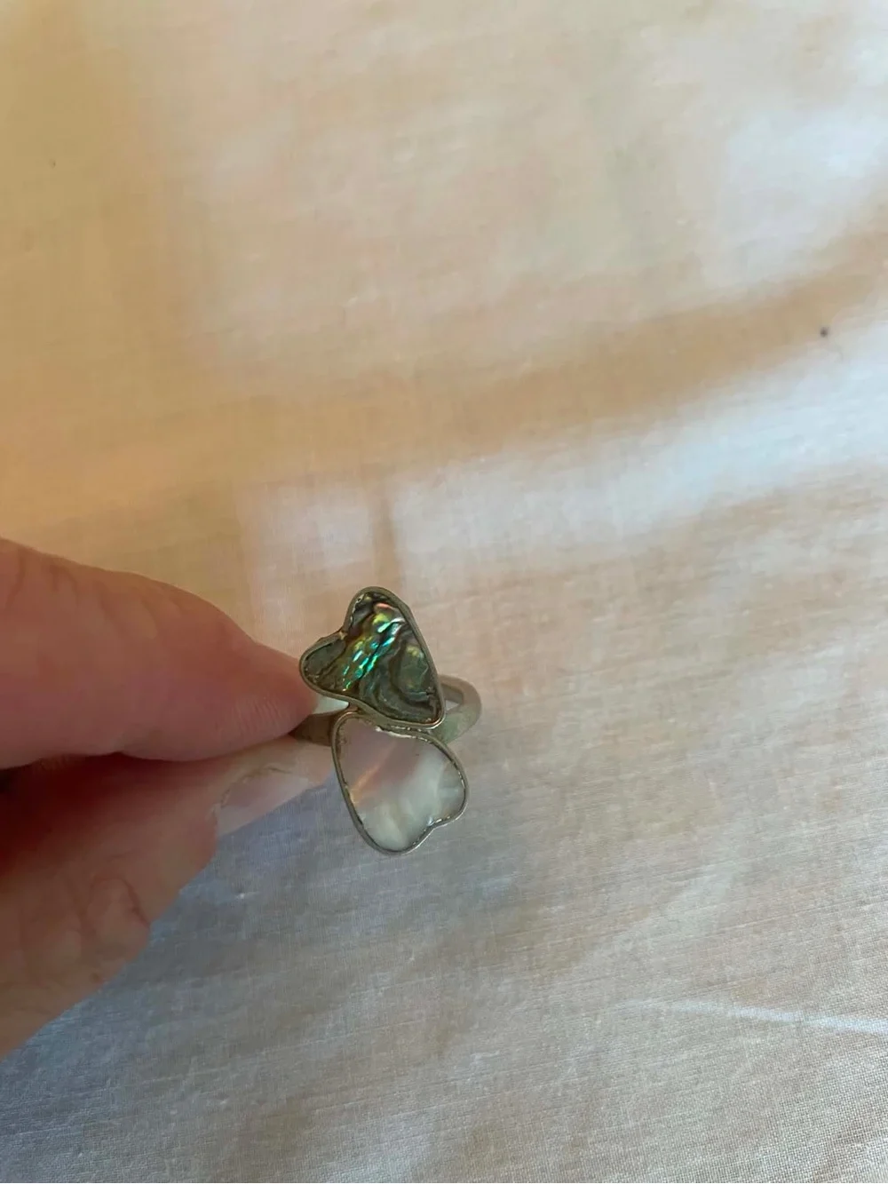Iridescent Abalone and Mother-of-Pearl heart Ring - Silver Tone